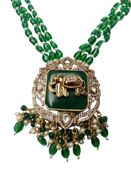Ganesha Majestic Rani Haar Set Green & White Pearls with Matching Earrings - M3