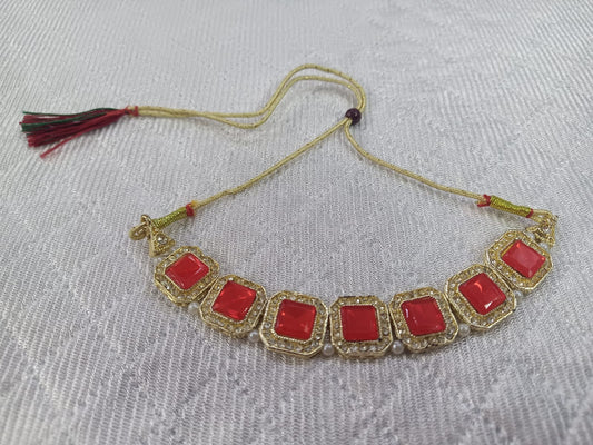 Prikasa pearl red and golden kundan choker set with earrings and maang tika - M32
