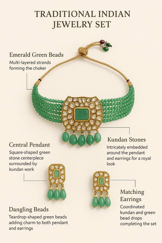 Multilayer Emerald Green Layered Premier Kundan Choker Set - M6