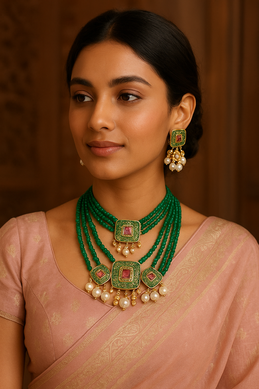 Elegant Green Beaded Kundan Choker Necklace Set with Pearls & Matching Earrings - M1