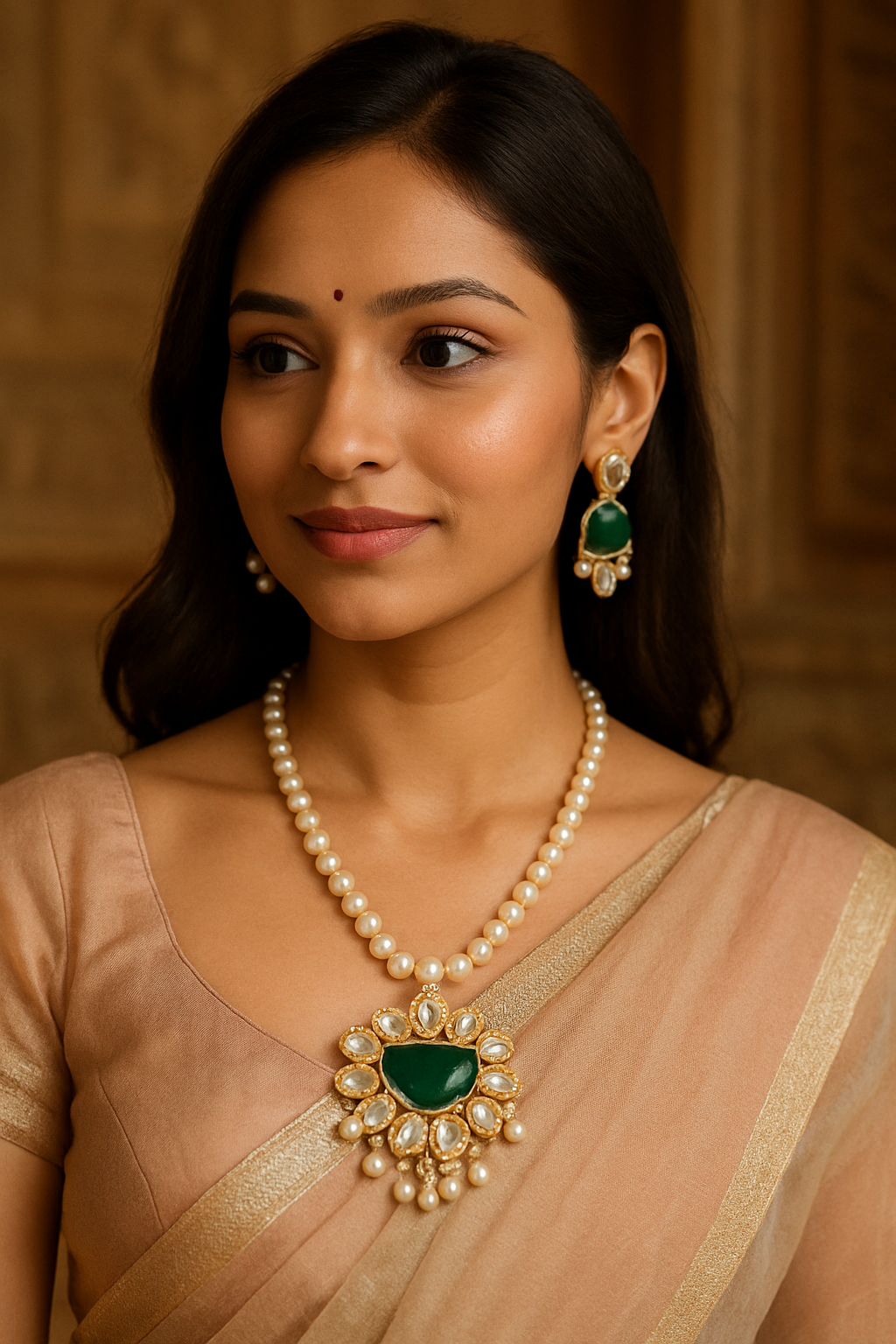 Regal Pearl & Green Stone Floral Necklace Set with Dangling Pearls – Luxury Designer Jewelry for Women
