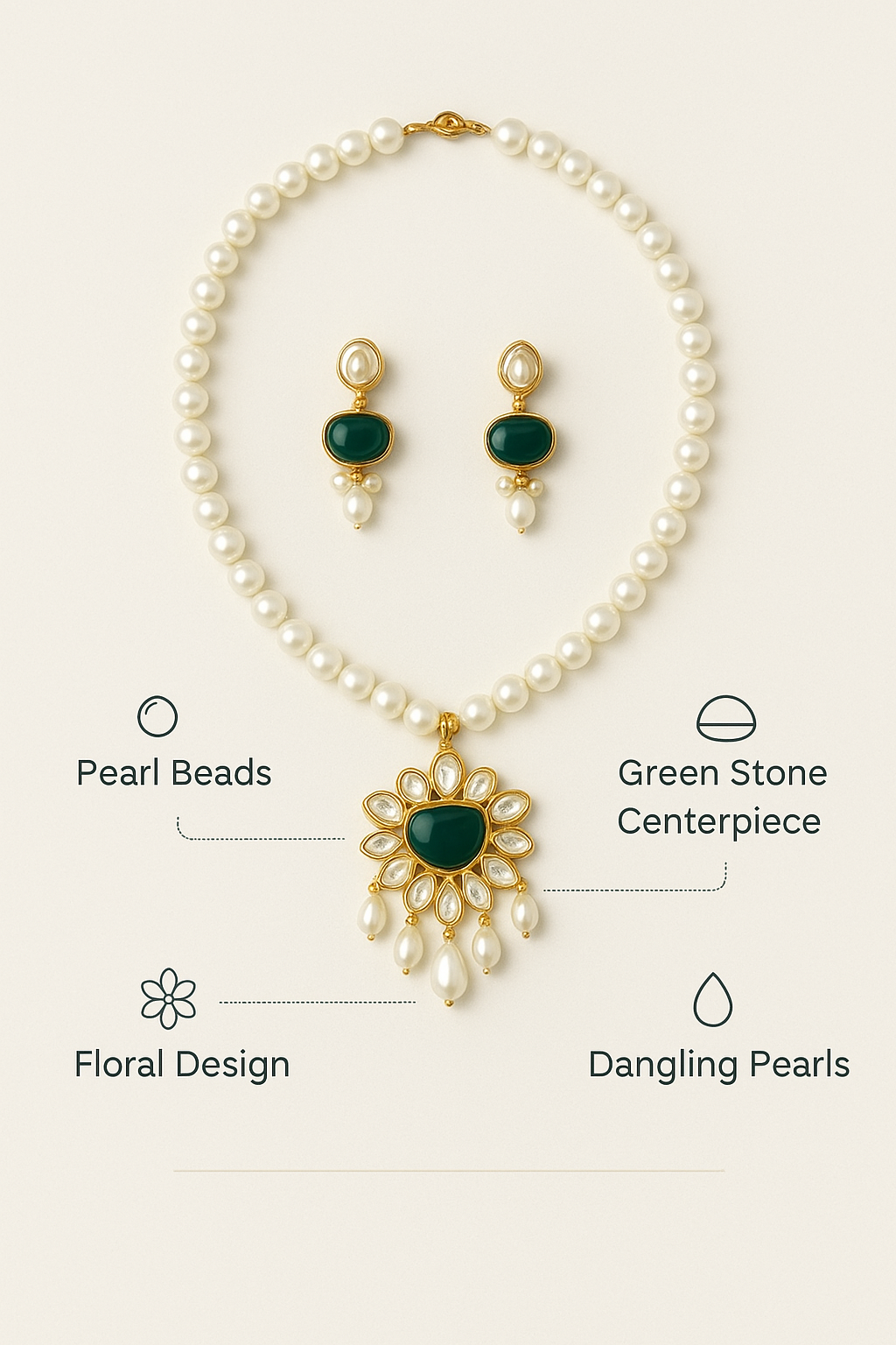 Regal Pearl & Green Stone Floral Necklace Set with Dangling Pearls – Luxury Designer Jewelry for Women