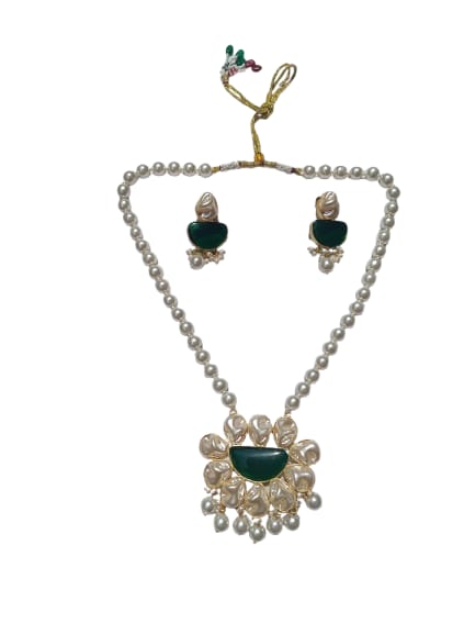 Regal Pearl & Green Stone Floral Necklace Set with Dangling Pearls – Luxury Designer Jewelry for Women