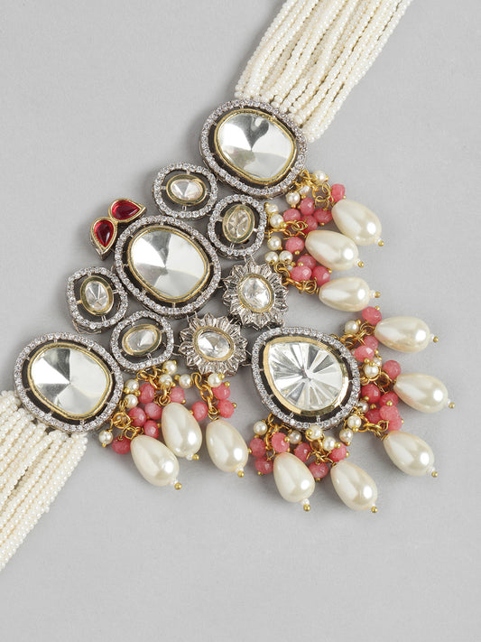 Traditional Kundan & Pearl Choker Necklace Set with Earrings for Women - M8