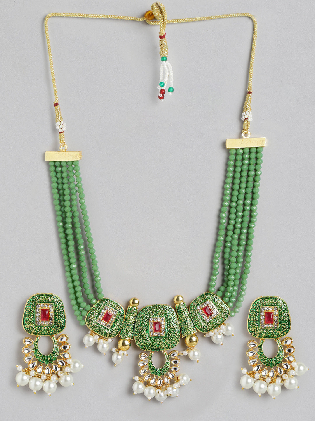 Elegant Green Beaded Kundan Choker Necklace Set with Pearls & Matching Earrings - M1