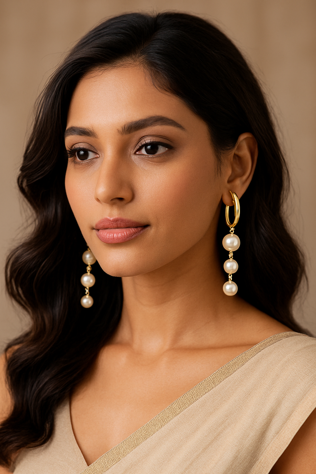 Elegant Gold-Plated Pearl Drop Earrings – Triple Cascade Design