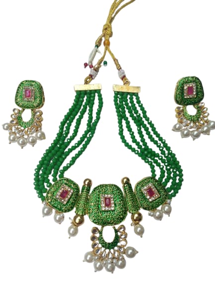Elegant Green Beaded Kundan Choker Necklace Set with Pearls & Matching Earrings