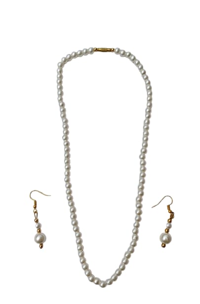 White pearl necklace and matching pearl drop earrings with gold hooks