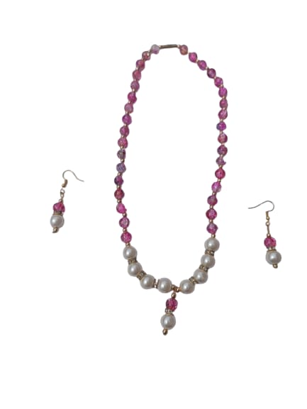 Shining pink and white pearl necklace and matching pearl drop earrings with hooks - M13