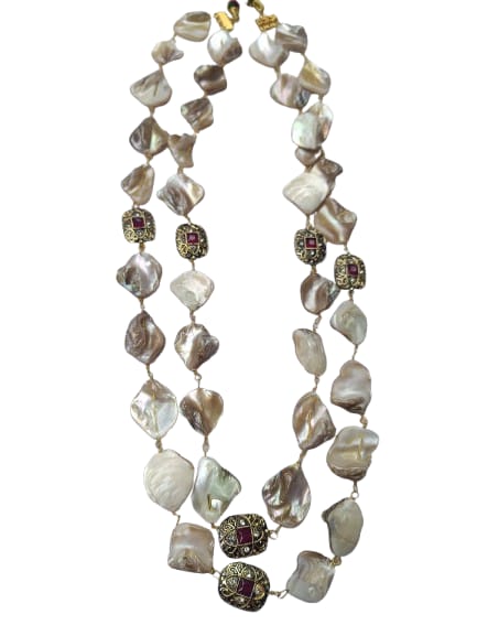 Off-White & Green Gold-Plated Beaded Necklace Set with Matching Drop Earrings