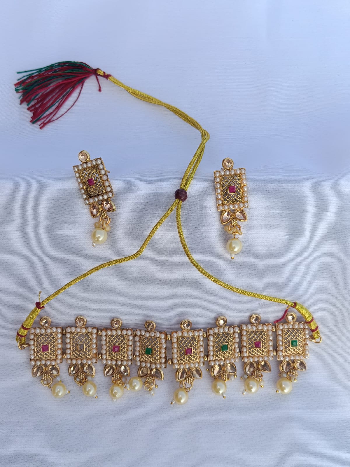 Rectangular designed Gold plated pearl and stone choker set - M25