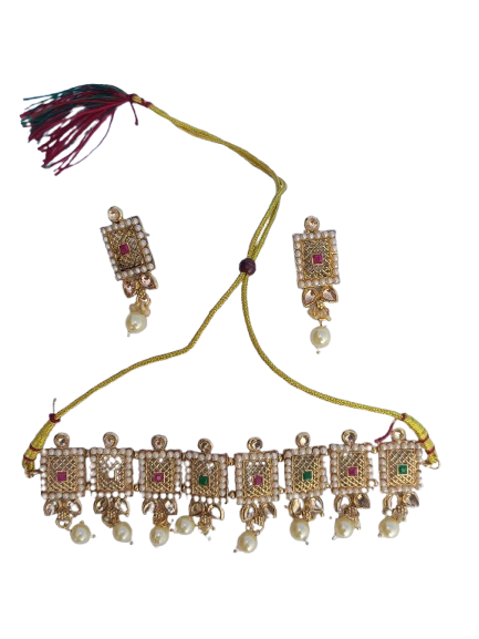 Rectangular designed Gold plated pearl and stone choker set - M25