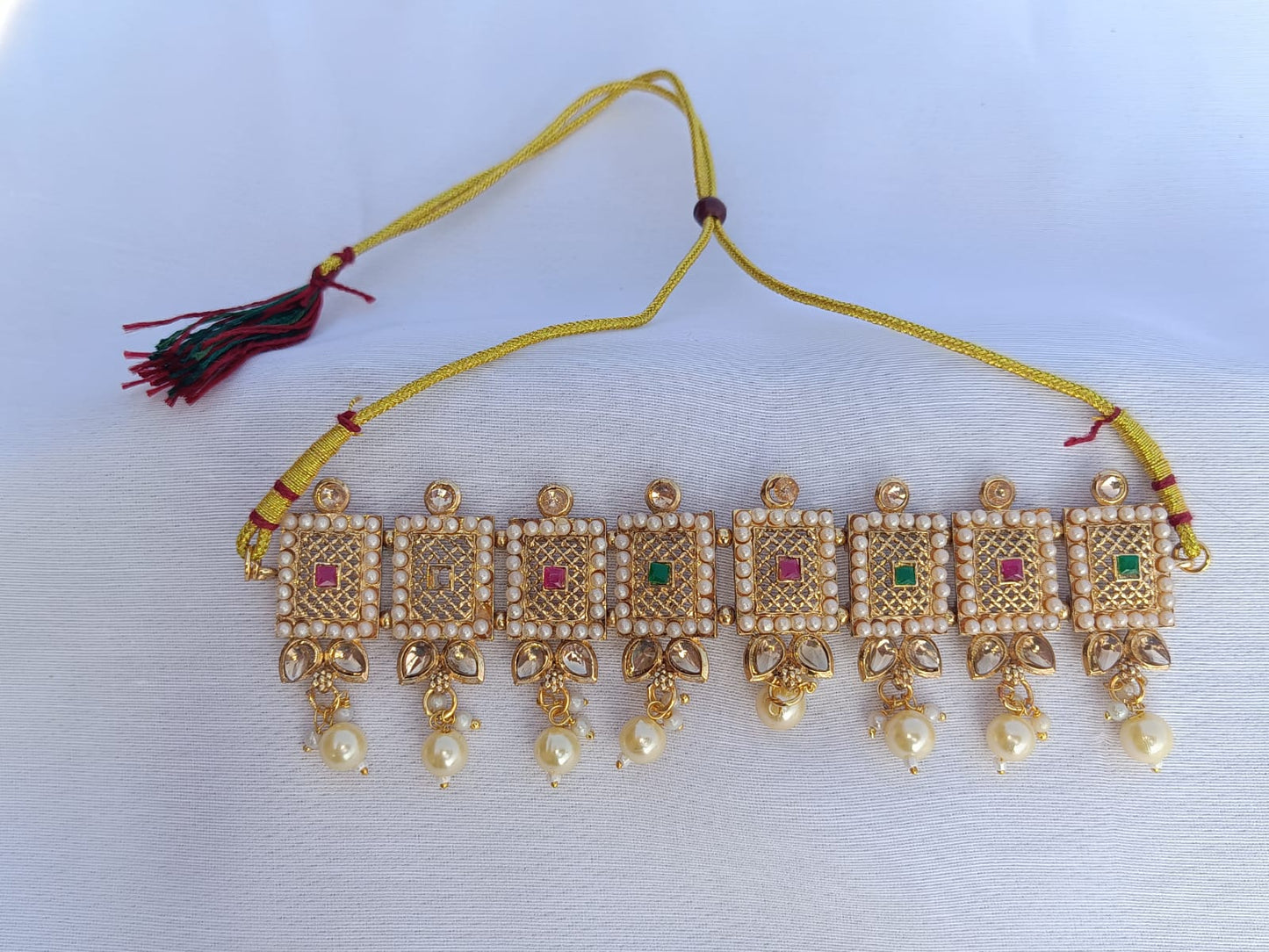 Rectangular designed Gold plated pearl and stone choker set - M25