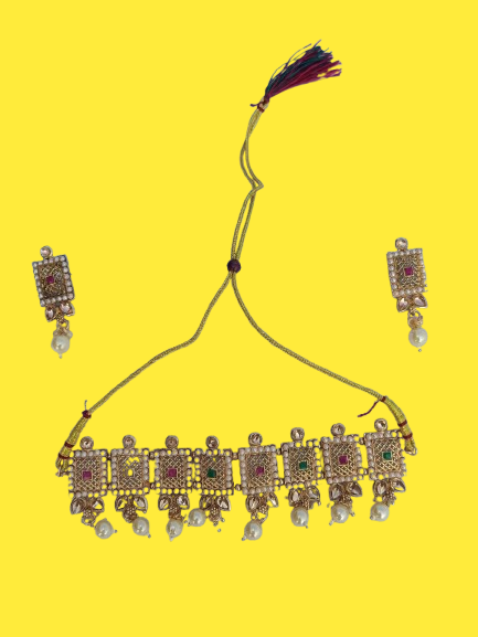 Rectangular designed Gold plated pearl and stone choker set - M25