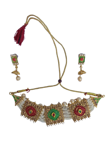 Broad rectangular designed Gold plated pearl and stone choker set - M26