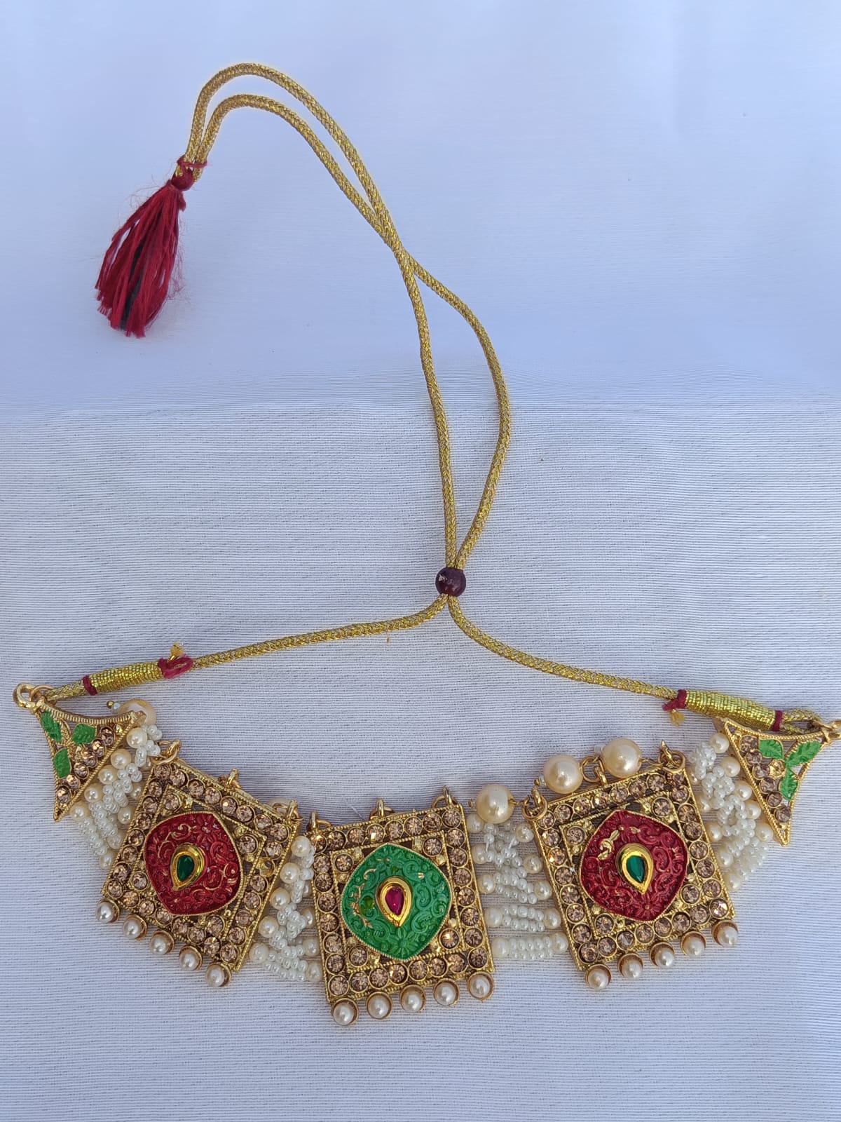 Broad rectangular designed Gold plated pearl and stone choker set - M26