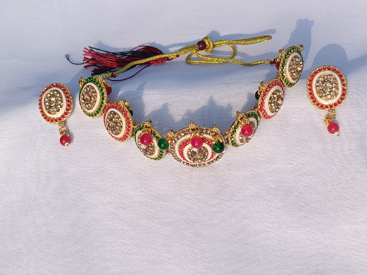 Oval shaped designer multi coloured Gold plated stone choker set - M27