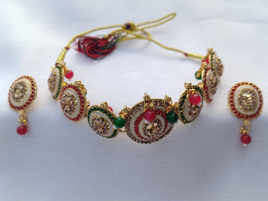 Oval shaped designer multi coloured Gold plated stone choker set - M27