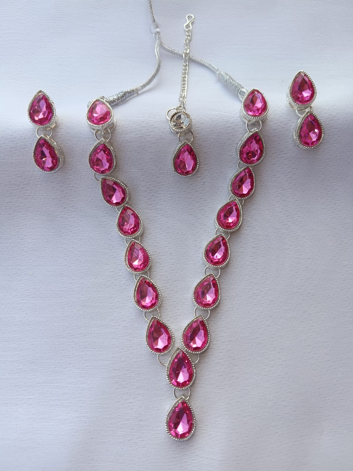 Multi AD women Pink necklace jewellery with earring and Maangtika - M28