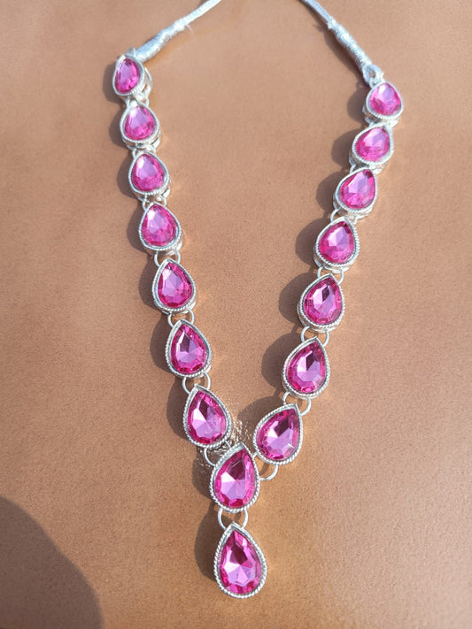 Multi AD women Pink necklace jewellery with earring and Maangtika - M28
