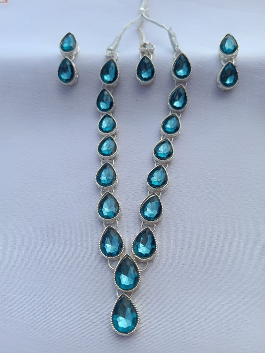 Multi AD women London blue Topaz necklace jewellery with earring and Maangtika - M29