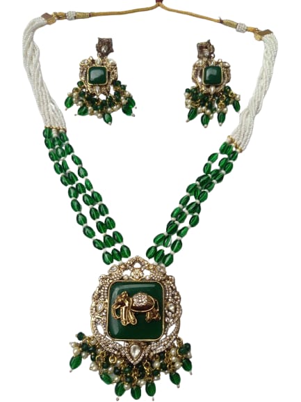 Ganesha Majestic Rani Haar Set Green & White Pearls with Matching Earrings