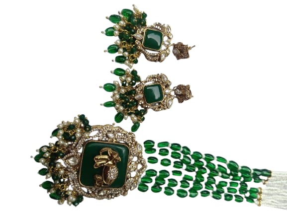 Ganesha Majestic Rani Haar Set Green & White Pearls with Matching Earrings