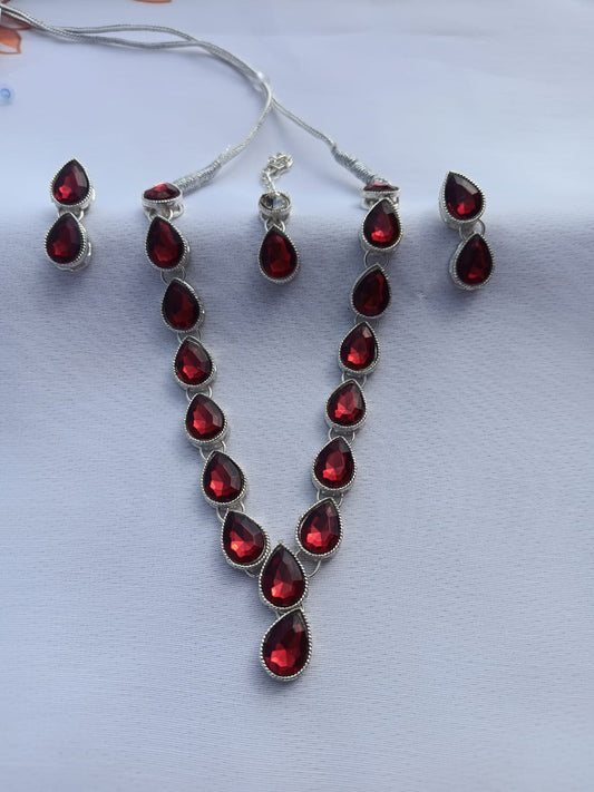 Multi AD women Red necklace jewellery with earring and Maangtika - M31