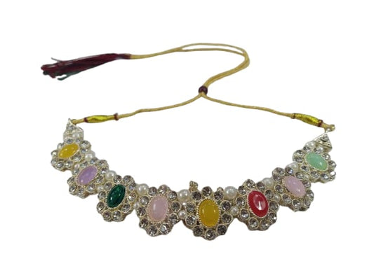 Prikasa multi colour stone choker set with earrings and maang tika - M33