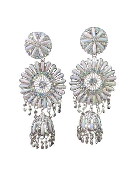 Prikasa Silver Mirror Work Dome Earrings with Beaded Detailing - M38