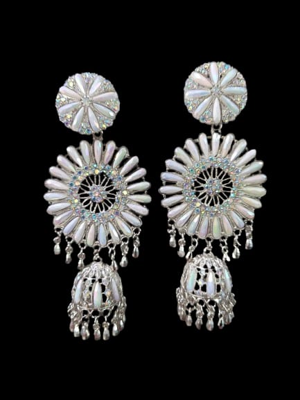 Prikasa Silver Mirror Work Dome Earrings with Beaded Detailing - M38