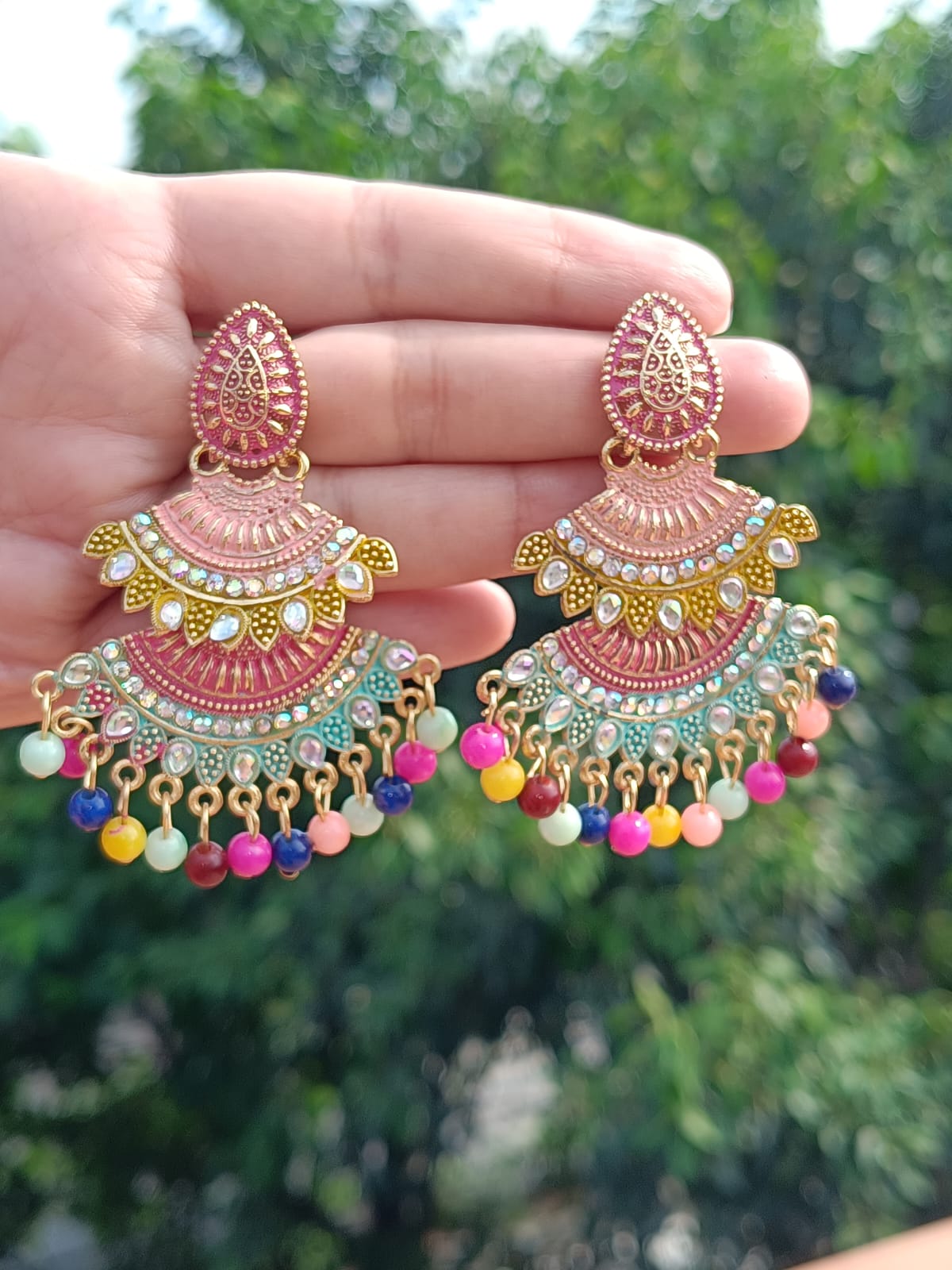 Prikasa Multicolor Enamel Meenakari Chandbali Earrings - M39