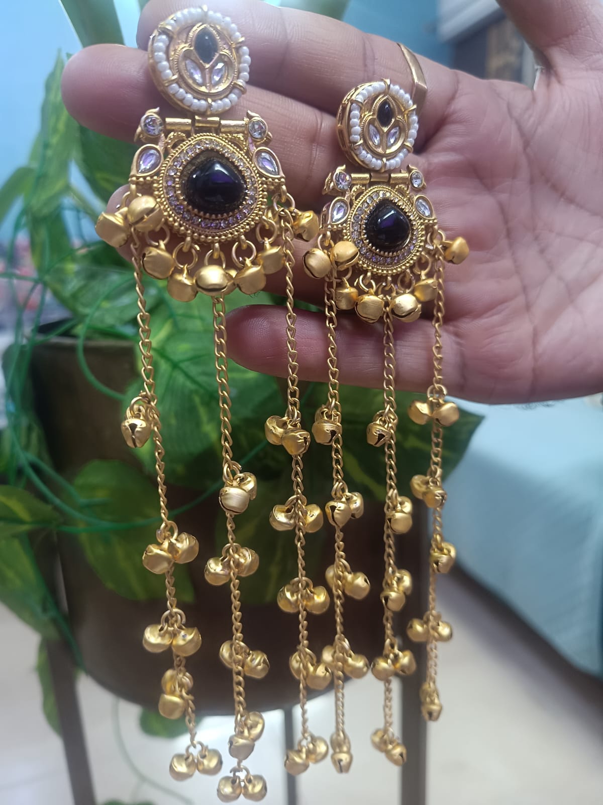 Prikasa Kashmiri Golden Jhumke with Black shining pearl - M40