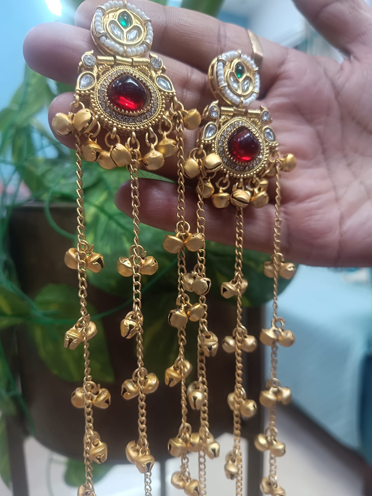 Prikasa Kashmiri Golden Jhumke with Red shining pearl - M42
