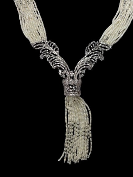 Elegant White Beaded Long Necklace with Ornate Silver Detailing & Tassel Earrings