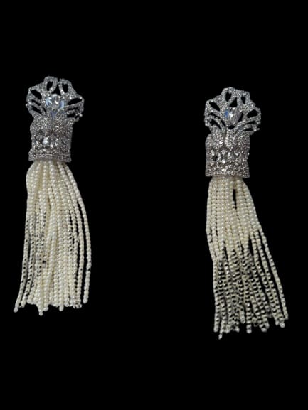 Elegant White Beaded Long Necklace with Ornate Silver Detailing & Tassel Earrings