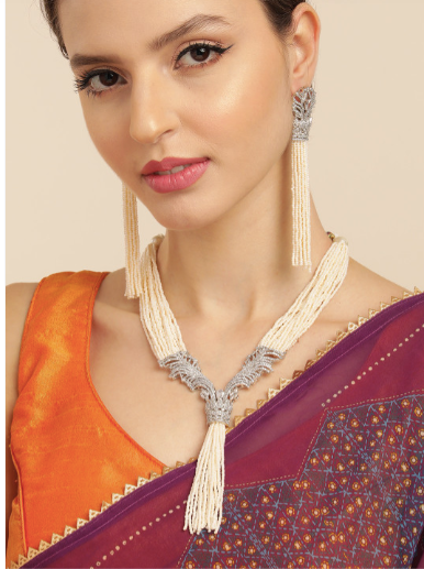 Elegant White Pearl Long Necklace with American Diamond detailing & Tassel Earrings - M5