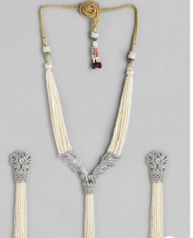 Elegant White Pearl Long Necklace with American Diamond detailing & Tassel Earrings - M5
