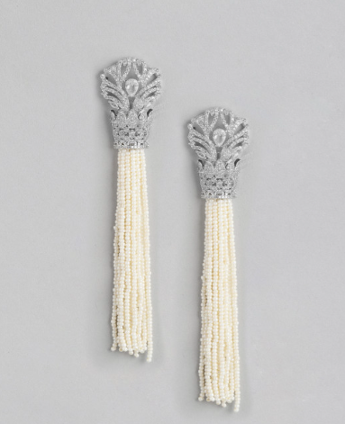 Elegant White Pearl Long Necklace with American Diamond detailing & Tassel Earrings - M5