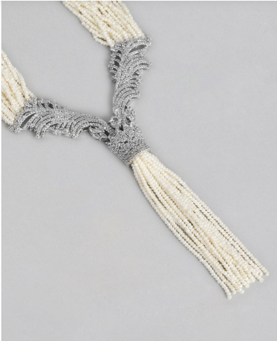 Elegant White Pearl Long Necklace with American Diamond detailing & Tassel Earrings - M5