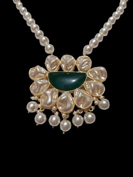 Regal Pearl & Green Stone Floral Necklace Set with Dangling Pearls – Luxury Designer Jewelry for Women