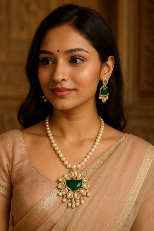 Regal Pearl & Green Stone Floral Necklace Set with Dangling Pearls – Luxury Designer Jewelry for Women