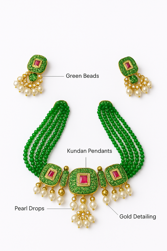 Elegant Green Beaded Kundan Choker Necklace Set with Pearls & Matching Earrings