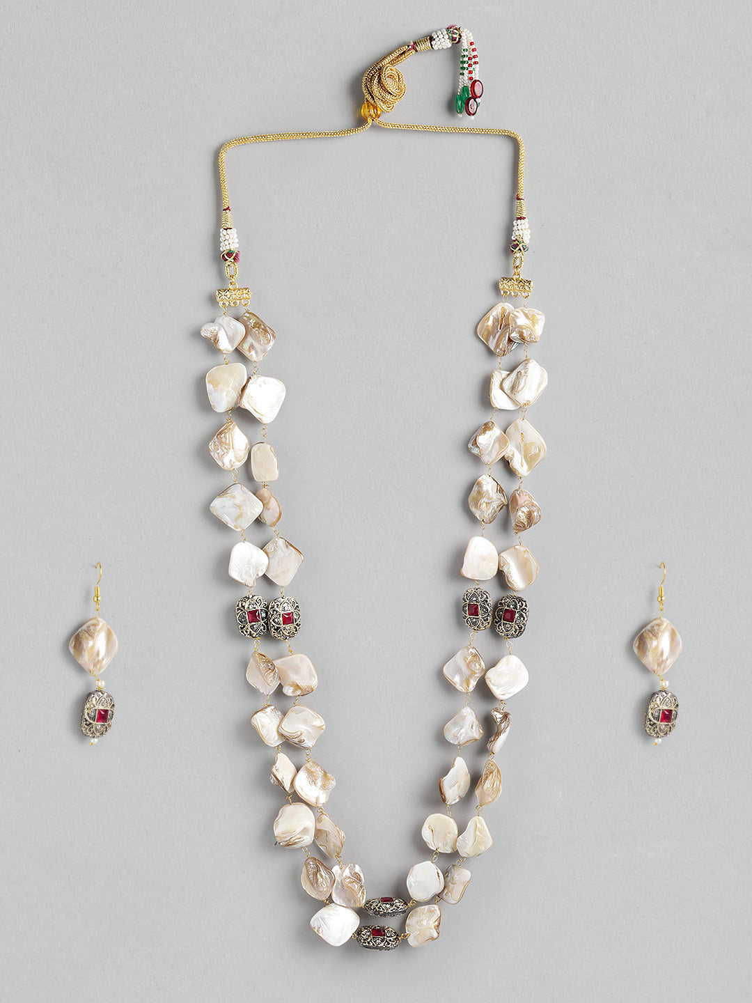 Off-White & Green Gold-Plated Beaded Necklace Set with Matching Drop Earrings - M2