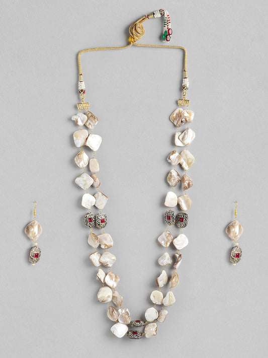 Off-White & Green Gold-Plated Beaded Necklace Set with Matching Drop Earrings - M2