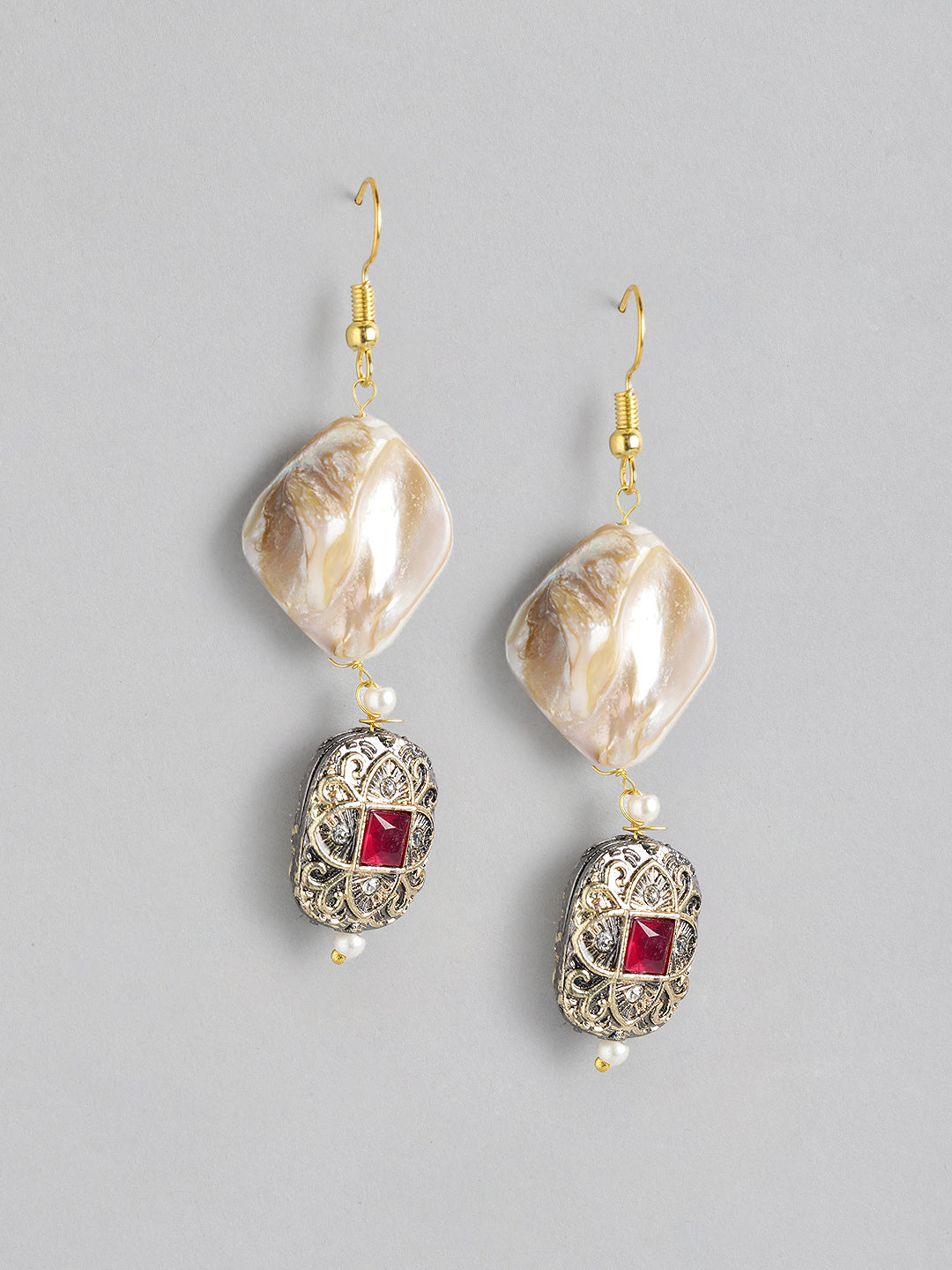 Off-White & Green Gold-Plated Beaded Necklace Set with Matching Drop Earrings - M2