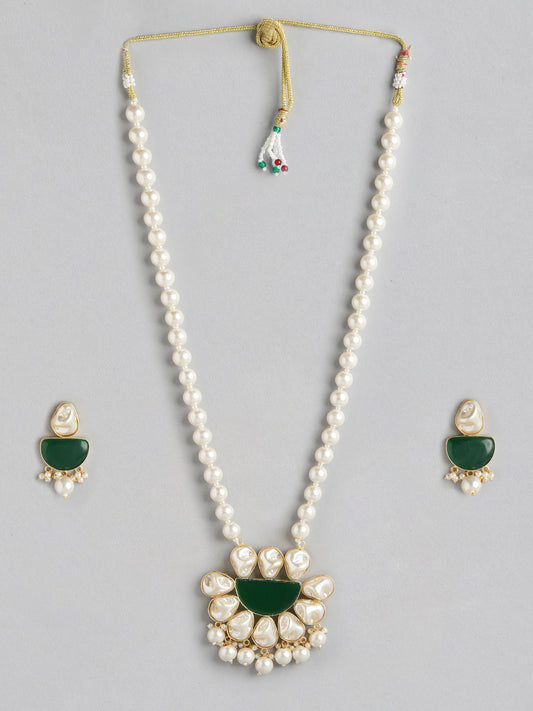 Royal Pearl & Green Stone Floral Necklace Set with Dangling Pearls - M7