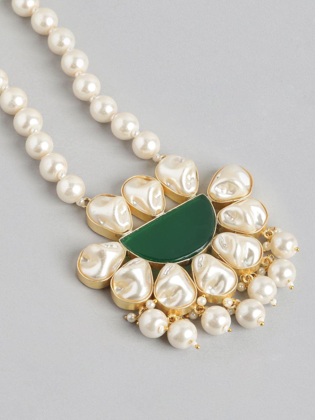 Royal Pearl & Green Stone Floral Necklace Set with Dangling Pearls - M7