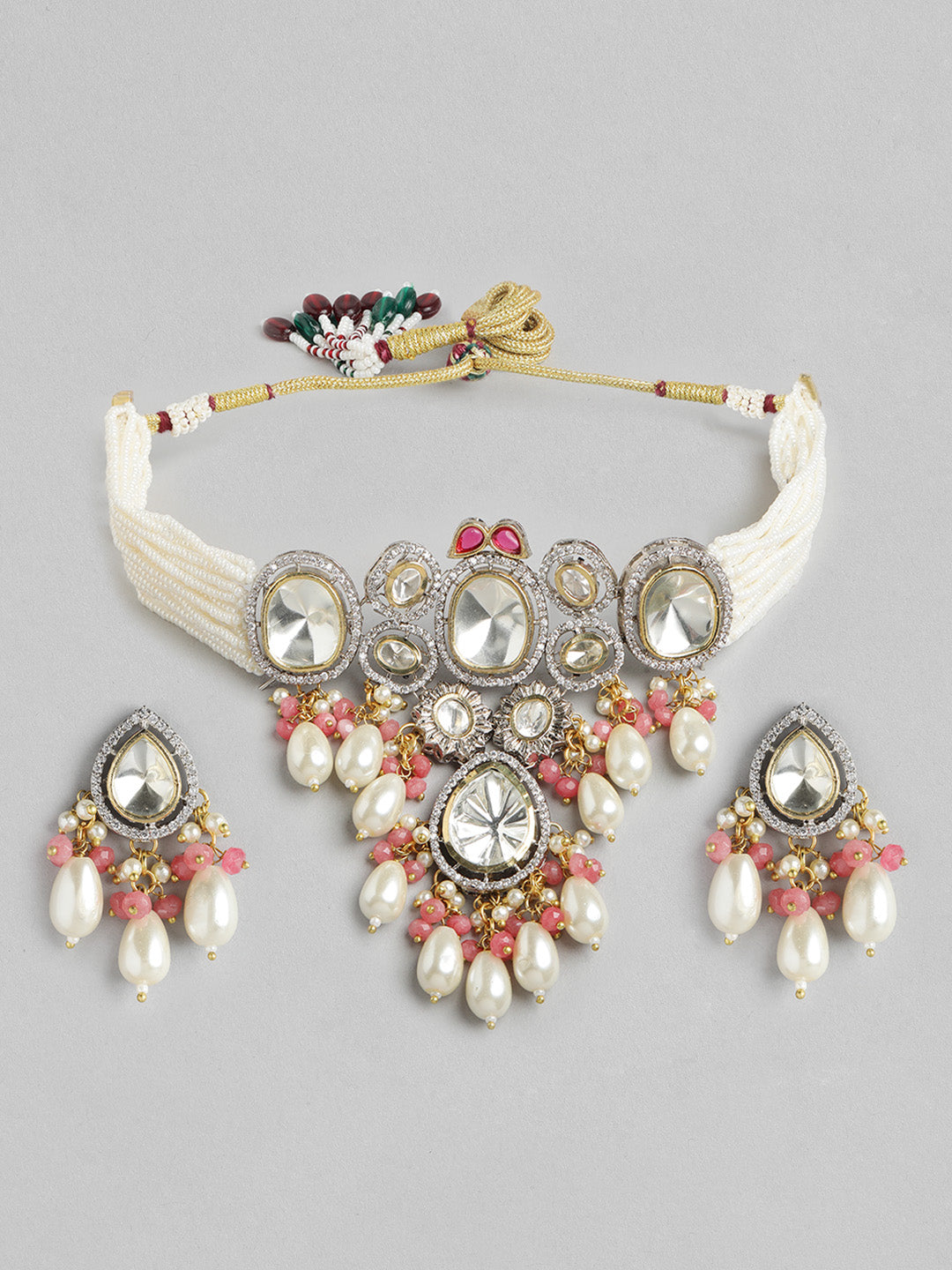 Traditional Kundan & Pearl Choker Necklace Set with Earrings for Women - M8